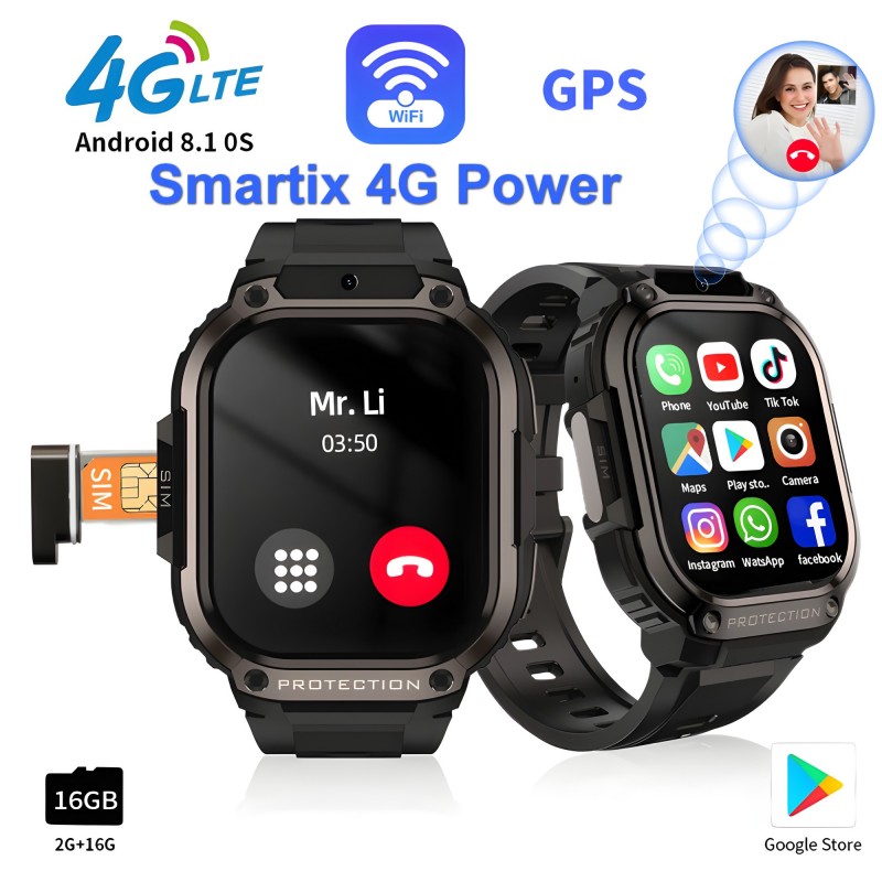 Smartix 4G POWER, Montre Téléphone SIM, Caméra, Ecran Amoled, GPS, Wi-Fi, Appels & Notifications